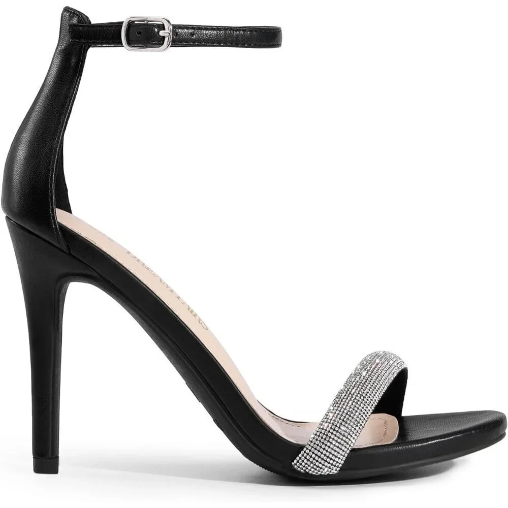 Women's Black-Rhinestone Flower Ankle Strap Stiletto Round Open Toe Stylish Heel